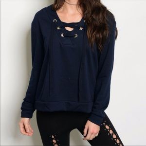 NWT Lace up navy top sweatshirt